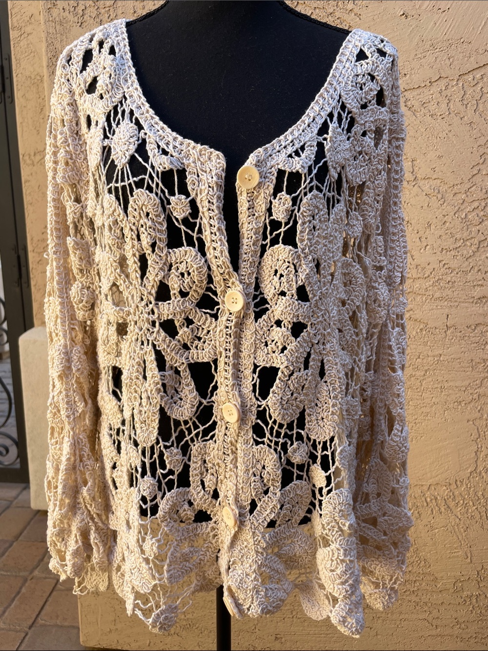 Openwork Crochet Button-Front Cardigan - Cream